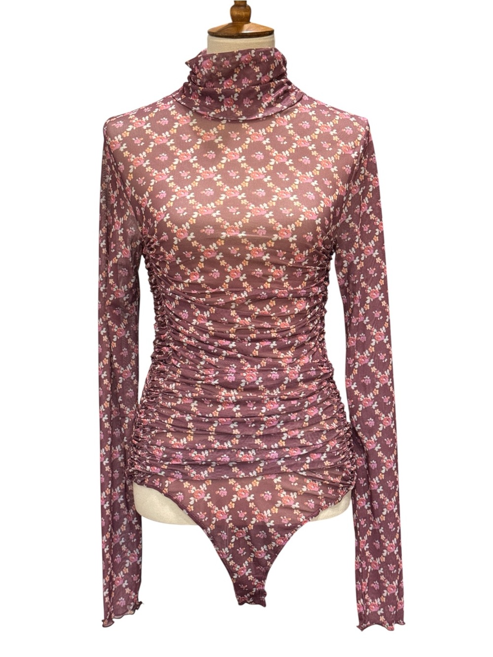Free People Mauve Floral Ruched Turtleneck Bodysuit #412